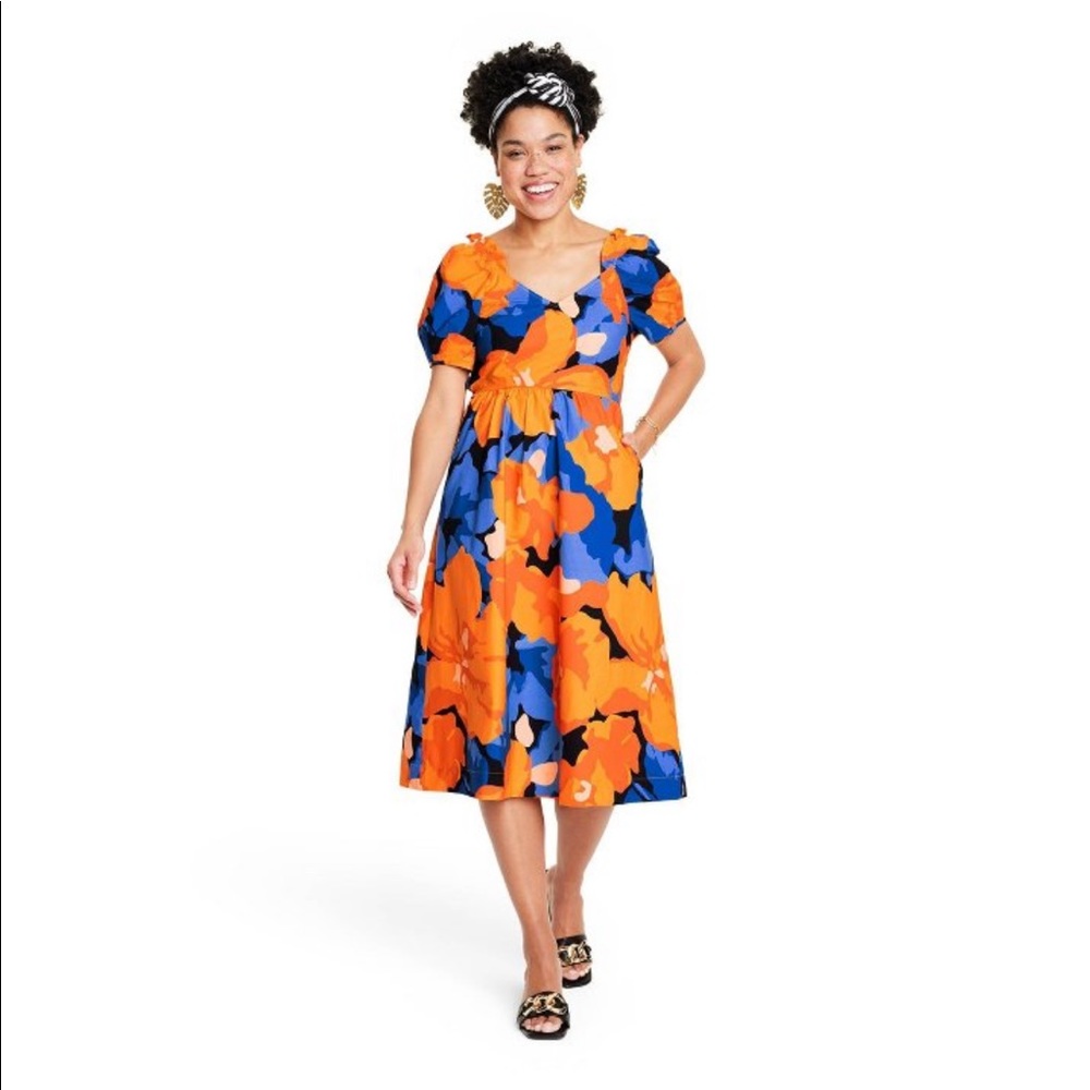 Women’s Floral Print Puff Sleeve Tie-Back Midi-Dress-Tabatha Brown for Target